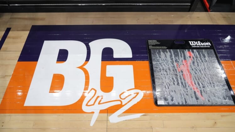 Jun 29, 2022; Phoenix, Arizona, USA; BG42 signage is shown on the court at Footprint Center in support of Phoenix Mercury center Brittney Griner (not pictured) prior to the game between the Phoenix Mercury and the Indiana Fever. Mandatory Credit: Joe Camporeale-USA TODAY Sports
