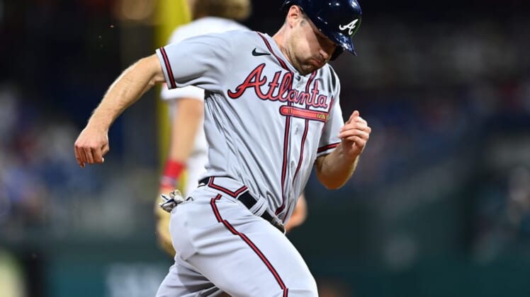 Jun 29, 2022; Philadelphia, Pennsylvania, USA; Atlanta Braves infielder Phil Gosselin (15) rounds third and advances home to score against the Philadelphia Phillies in the seventh inning at Citizens Bank Park. Mandatory Credit: Kyle Ross-USA TODAY Sports