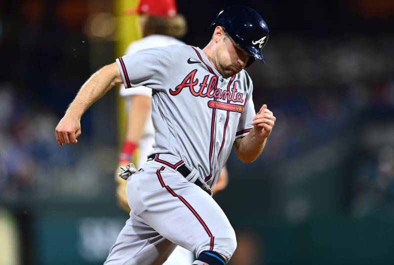 Jun 29, 2022; Philadelphia, Pennsylvania, USA; Atlanta Braves infielder Phil Gosselin (15) rounds third and advances home to score against the Philadelphia Phillies in the seventh inning at Citizens Bank Park. Mandatory Credit: Kyle Ross-USA TODAY Sports