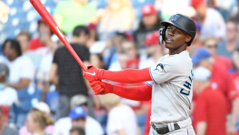 Jun 14, 2022; Philadelphia, Pennsylvania, USA; Miami Marlins second baseman Jazz Chisholm Jr. (2) against the Philadelphia Phillies at Citizens Bank Park. Mandatory Credit: Eric Hartline-USA TODAY Sports