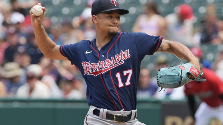 Jun 30, 2022; Cleveland, Ohio, USA; Minnesota Twins starting pitcher Chris Archer (17) throws a pitch during the first inning against the Cleveland Guardians at Progressive Field. Mandatory Credit: Ken Blaze-USA TODAY Sports