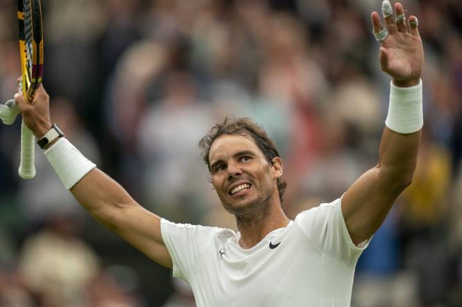 Jun 30, 2022; London, United Kingdom; Rafael Nadal (ESP) celebrates after winning a match against Ricardas Berankis (LTU) on day four at All England Lawn Tennis and Croquet Club. Mandatory Credit: Susan Mullane-USA TODAY Sports