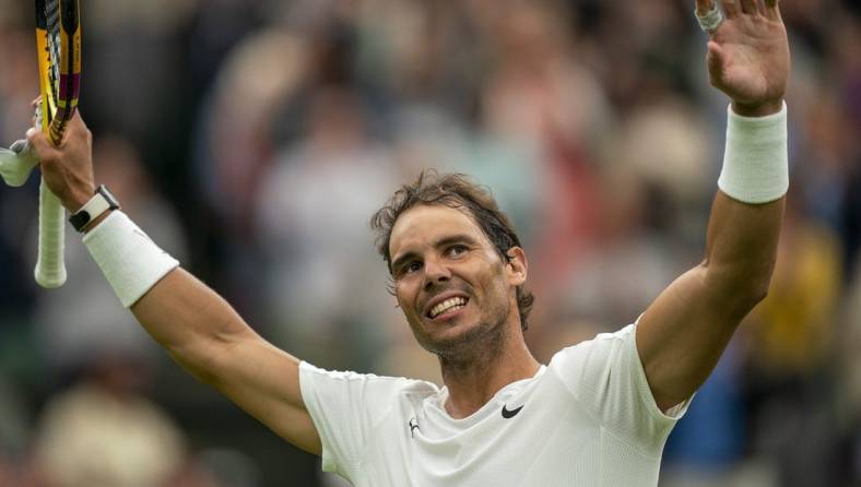 Jun 30, 2022; London, United Kingdom; Rafael Nadal (ESP) celebrates after winning a match against Ricardas Berankis (LTU) on day four at All England Lawn Tennis and Croquet Club. Mandatory Credit: Susan Mullane-USA TODAY Sports