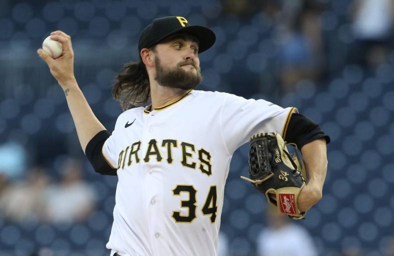 Jun 30, 2022; Pittsburgh, Pennsylvania, USA; Pittsburgh Pirates starting pitcher JT Brubaker (34) throws a pitch against the Milwaukee Brewers during the first inning at PNC Park. Mandatory Credit: Charles LeClaire-USA TODAY Sports