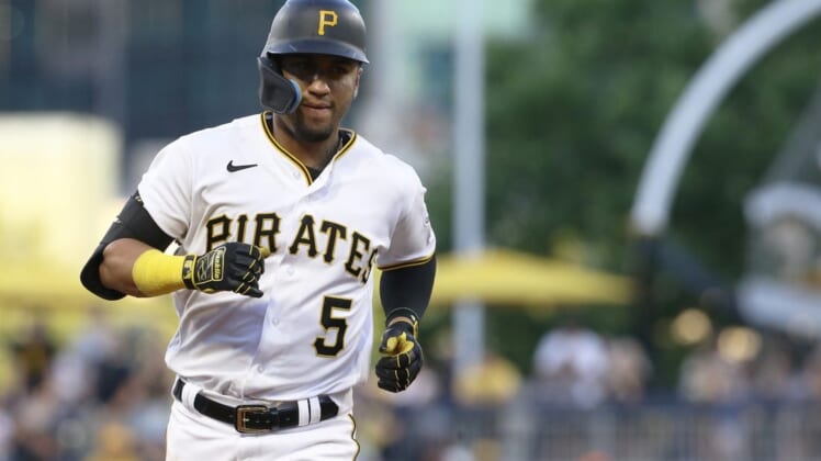 Jun 30, 2022; Pittsburgh, Pennsylvania, USA; Pittsburgh Pirates catcher Michael Perez (5) rounds the bases on a two-run home run against the Milwaukee Brewers during the fourth inning at PNC Park. Mandatory Credit: Charles LeClaire-USA TODAY Sports