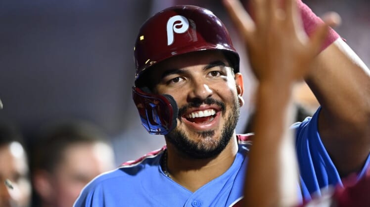 Jun 30, 2022; Philadelphia, Pennsylvania, USA; Philadelphia Phillies first baseman Darick Hall (25) celebrates in the dugout after hitting a two-run home run against the Atlanta Braves in the eighth inning at Citizens Bank Park. Mandatory Credit: Kyle Ross-USA TODAY Sports