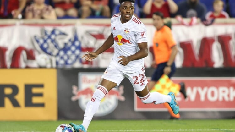 Jun 30, 2022; Harrison, New Jersey, USA; New York Red Bulls forward Serge Ngoma (22) controls the ball against the Atlanta United during the second half at Red Bull Arena. Mandatory Credit: Vincent Carchietta-USA TODAY Sports