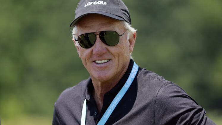 Jul 1, 2022; Portland, Oregon, USA; Greg Norman, CEO and commissioner of LIV Golf, looks on during the second round of the LIV Golf tournament at Pumpkin Ridge Golf Club. Mandatory Credit: Soobum Im-USA TODAY Sports