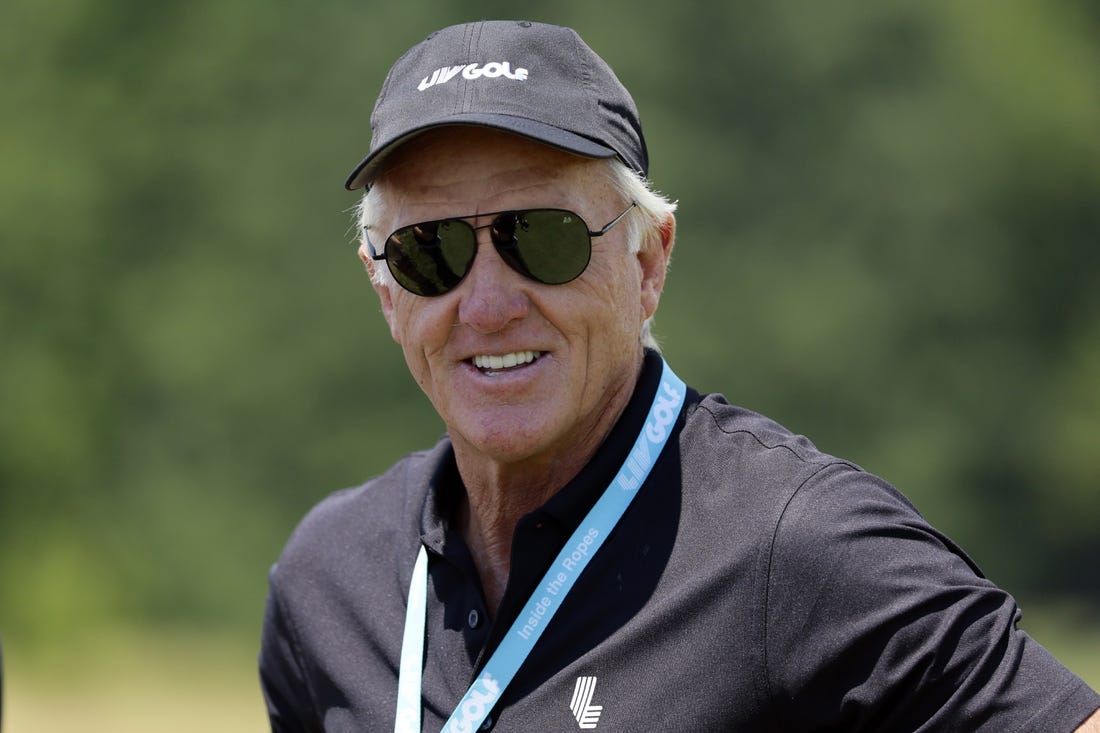 Jul 1, 2022; Portland, Oregon, USA; Greg Norman, CEO and commissioner of LIV Golf, looks on during the second round of the LIV Golf tournament at Pumpkin Ridge Golf Club. Mandatory Credit: Soobum Im-USA TODAY Sports