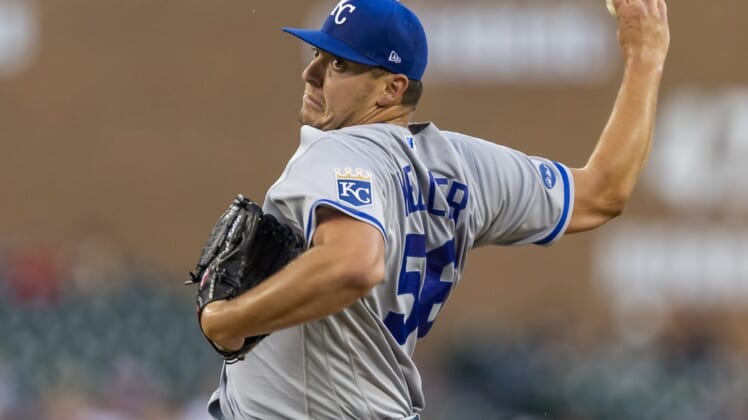 Jul 1, 2022; Detroit, Michigan, USA; Kansas City Royals starting pitcher Brad Keller (56) pitches during the first inning against the Detroit Tigers at Comerica Park. Mandatory Credit: Raj Mehta-USA TODAY Sports