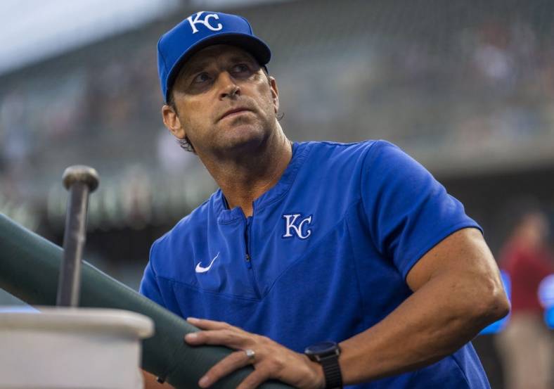 Jul 1, 2022; Detroit, Michigan, USA; Kansas City Royals manager Mike Matheny looks into the stands during the first inning against the Detroit Tigers at Comerica Park. Mandatory Credit: Raj Mehta-USA TODAY Sports