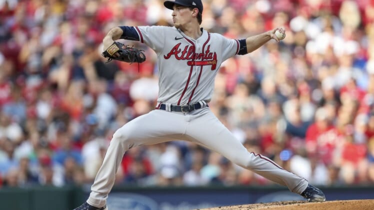 Jul 1, 2022; Cincinnati, Ohio, USA; Atlanta Braves starting pitcher Max Fried (54) pitches against the Cincinnati Reds in the first inning at Great American Ball Park. Mandatory Credit: Katie Stratman-USA TODAY Sports