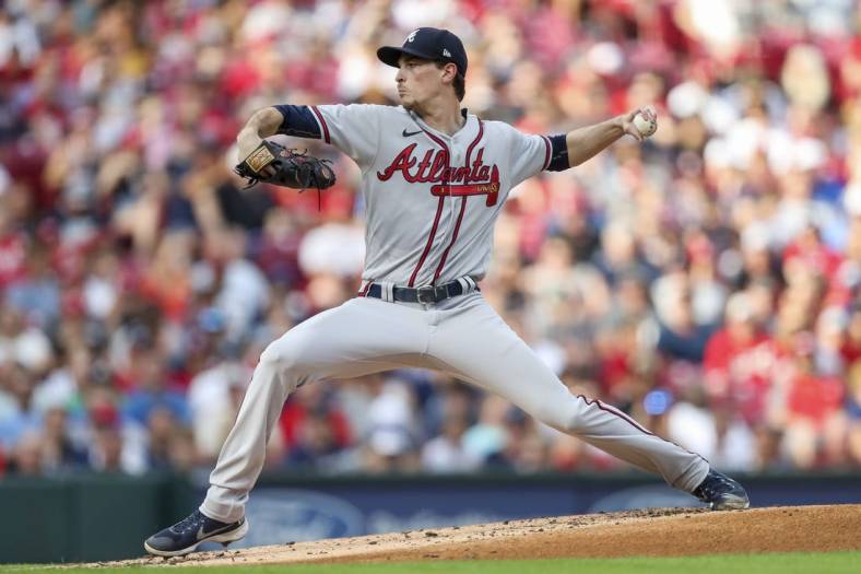 Jul 1, 2022; Cincinnati, Ohio, USA; Atlanta Braves starting pitcher Max Fried (54) pitches against the Cincinnati Reds in the first inning at Great American Ball Park. Mandatory Credit: Katie Stratman-USA TODAY Sports