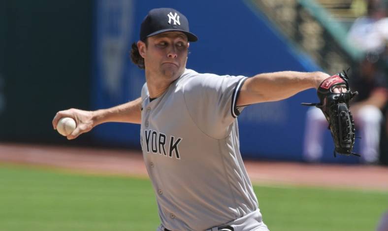 Jul 2, 2022; Cleveland, Ohio, USA; New York Yankees starting pitcher Gerrit Cole (45) throws a pitch during the first inning against the Cleveland Guardians at Progressive Field. Mandatory Credit: Ken Blaze-USA TODAY Sports