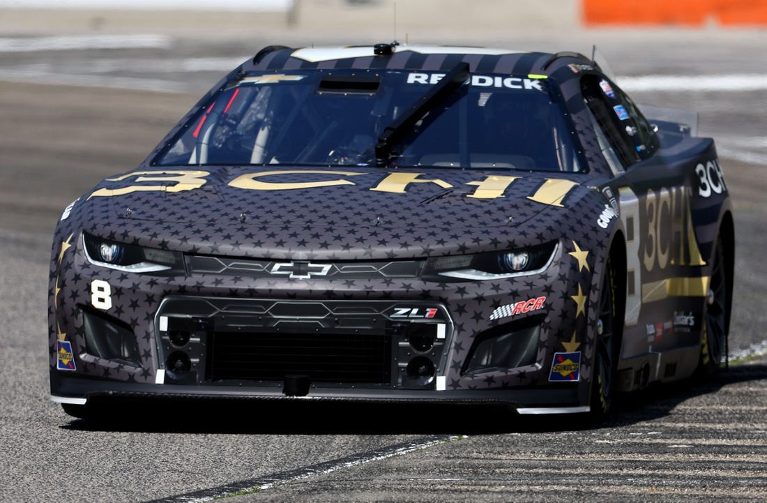 Jul 2, 2022; Elkhart Lake, Wisconsin, USA; NASCAR Cup Series driver Tyler Reddick (8) during practice for the KWIK TRIP 250 at Road America. Mandatory Credit: Mike Dinovo-USA TODAY Sports