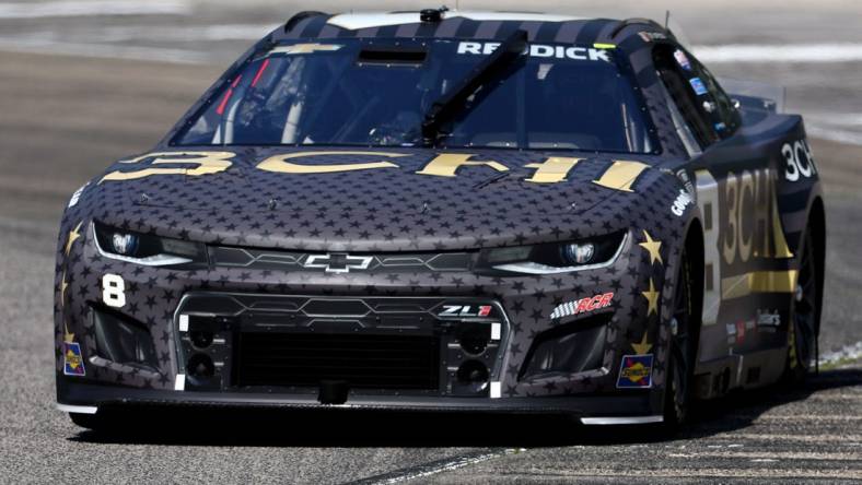 Jul 2, 2022; Elkhart Lake, Wisconsin, USA; NASCAR Cup Series driver Tyler Reddick (8) during practice for the KWIK TRIP 250 at Road America. Mandatory Credit: Mike Dinovo-USA TODAY Sports