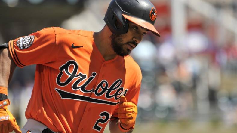 Jul 2, 2022; Minneapolis, Minnesota, USA; Baltimore Orioles left fielder Anthony Santander (25) rounds the bases after hitting a home run off Minnesota Twins starting pitcher Sonny Gray (not pictured) during the third inning at Target Field. Mandatory Credit: Jeffrey Becker-USA TODAY Sports