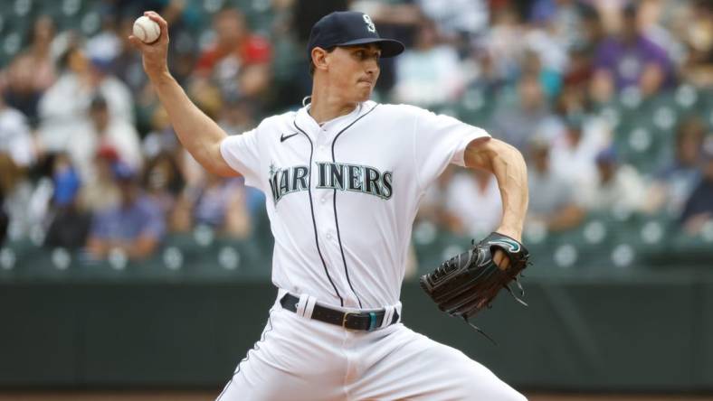 Jul 2, 2022; Seattle, Washington, USA; Seattle Mariners starting pitcher George Kirby (68) throws against the Oakland Athletics during the first inning at T-Mobile Park. Mandatory Credit: Joe Nicholson-USA TODAY Sports