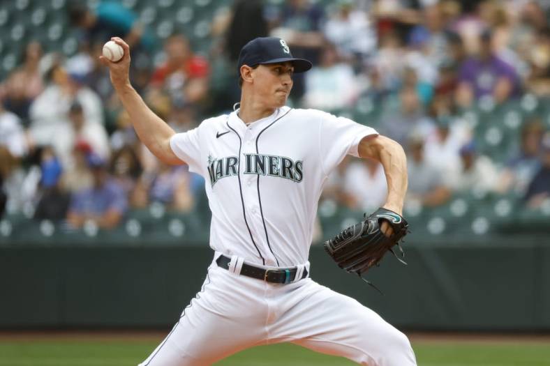 Jul 2, 2022; Seattle, Washington, USA; Seattle Mariners starting pitcher George Kirby (68) throws against the Oakland Athletics during the first inning at T-Mobile Park. Mandatory Credit: Joe Nicholson-USA TODAY Sports