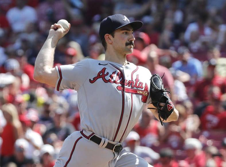 Jul 2, 2022; Cincinnati, Ohio, USA; Atlanta Braves starting pitcher Spencer Strider (65) throws pitch against the Cincinnati Reds during the first inning at Great American Ball Park. Mandatory Credit: David Kohl-USA TODAY Sports