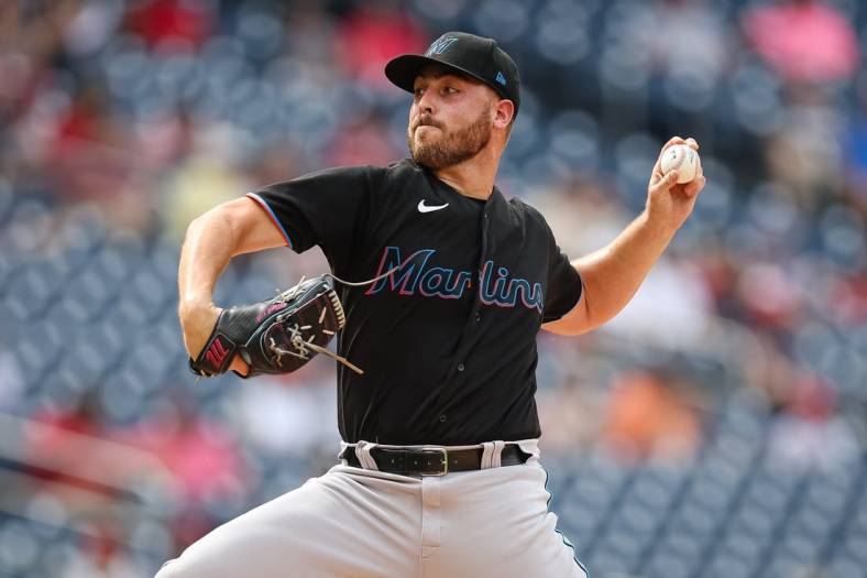Jul 2, 2022; Washington, District of Columbia, USA; Miami Marlins starting pitcher Daniel Castano (20) pitches against the Washington Nationals during the first inning at Nationals Park. Mandatory Credit: Scott Taetsch-USA TODAY Sports