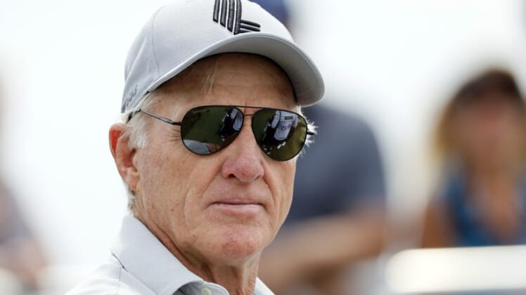 Jul 2, 2022; Portland, Oregon, USA; Greg Norman, CEO and commissioner of LIV Golf looks on from the first tee  box during the final round of the LIV Golf tournament at Pumpkin Ridge Golf Club. Mandatory Credit: Soobum Im-USA TODAY Sports