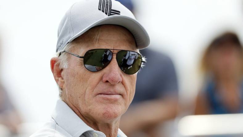 Jul 2, 2022; Portland, Oregon, USA; Greg Norman, CEO and commissioner of LIV Golf looks on from the first tee  box during the final round of the LIV Golf tournament at Pumpkin Ridge Golf Club. Mandatory Credit: Soobum Im-USA TODAY Sports