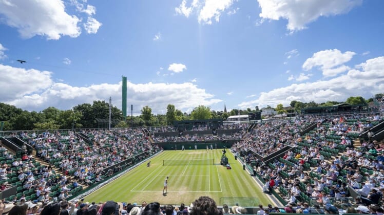 Jul 3, 2022; London, United Kingdom; General view of Court 2 during the Marie Bouzkova (CZE) and Caroline Garcia (FRA) match on day seven at All England Lawn Tennis and Croquet Club. Mandatory Credit: Susan Mullane-USA TODAY Sports
