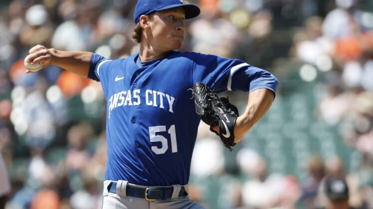 Jul 3, 2022; Detroit, Michigan, USA;  Kansas City Royals starting pitcher Brady Singer (51) pitches in the first inning against the Detroit Tigers at Comerica Park. Mandatory Credit: Rick Osentoski-USA TODAY Sports