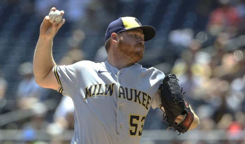 Jul 3, 2022; Pittsburgh, Pennsylvania, USA;  Milwaukee Brewers starting pitcher Brandon Woodruff (53) delivers a pitch against the Pittsburgh Pirates during the first inning at PNC Park. Mandatory Credit: Charles LeClaire-USA TODAY Sports