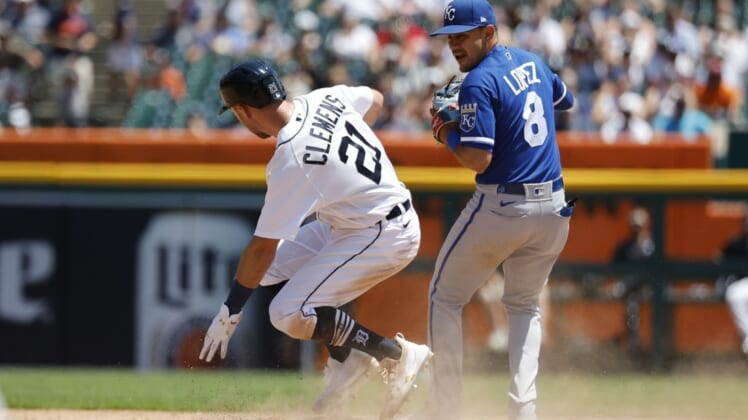Jul 3, 2022; Detroit, Michigan, USA;  Detroit Tigers second baseman Kody Clemens (21) slides in safe at second in front of Kansas City Royals second baseman Nicky Lopez (8) during the fifth inning at Comerica Park. Mandatory Credit: Rick Osentoski-USA TODAY Sports