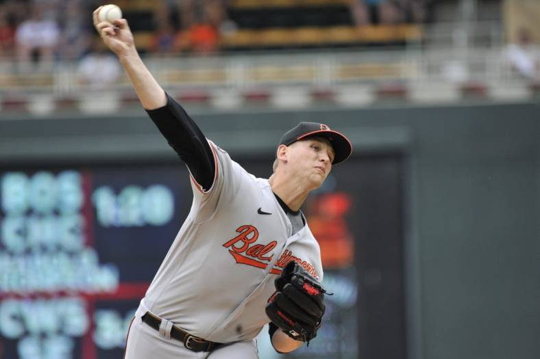 Jul 3, 2022; Minneapolis, Minnesota, USA; Baltimore Orioles starting pitcher Tyler Wells (68) throws a pitch against the Minnesota Twins during the first inning at Target Field. Mandatory Credit: Jeffrey Becker-USA TODAY Sports