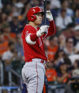 Jul 3, 2022; Houston, Texas, USA; Los Angeles Angels designated hitter Shohei Ohtani (17) bats during the fifth inning against the Houston Astros at Minute Maid Park. Mandatory Credit: Troy Taormina-USA TODAY Sports