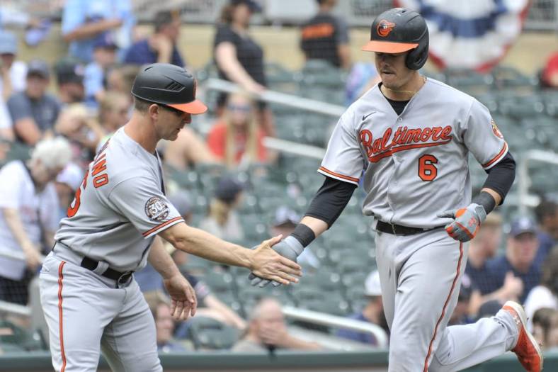 Jul 3, 2022; Minneapolis, Minnesota, USA; Baltimore Orioles first baseman Ryan Mountcastle (6) and third base coach Tony Mansolino (36) react after a home run by Mountcastle off Minnesota Twins starting pitcher Devin Smeltzer (not pictured) during the sixth inning at Target Field. Mandatory Credit: Jeffrey Becker-USA TODAY Sports
