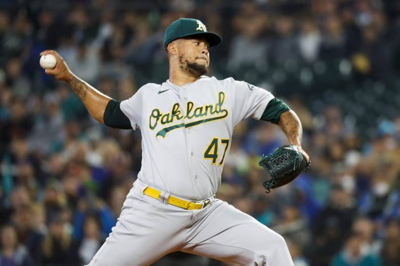 Jul 3, 2022; Seattle, Washington, USA; Oakland Athletics starting pitcher Frankie Montas (47) throws against the Seattle Mariners during the first inning at T-Mobile Park. Mandatory Credit: Joe Nicholson-USA TODAY Sports