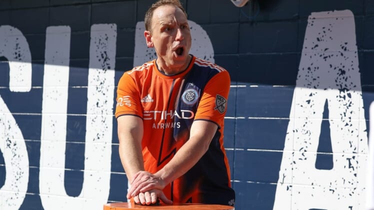 Jul 3, 2022; New York, New York, USA; American competitive eater Joey Chestnut ignited the smoke stacksbefore the game between New York City FC and Atlanta United at Yankee Stadium. Mandatory Credit: Vincent Carchietta-USA TODAY Sports