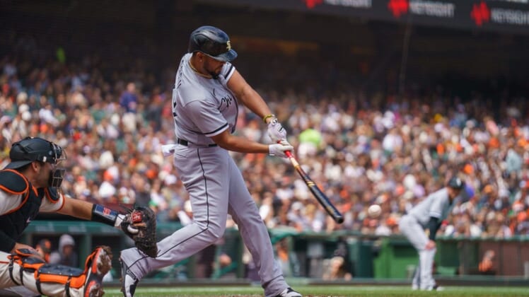 Jul 3, 2022; San Francisco, California, USA; Chicago White Sox designated hitter Jose Abreu (79) singles during the third inning to load the bases against the San Francisco Giants at Oracle Park. Mandatory Credit: Neville E. Guard-USA TODAY Sports