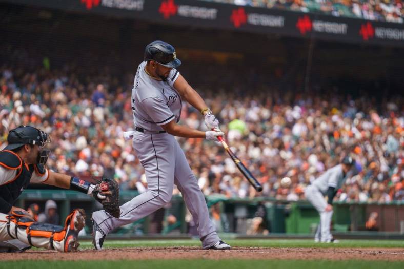 Jul 3, 2022; San Francisco, California, USA; Chicago White Sox designated hitter Jose Abreu (79) singles during the third inning to load the bases against the San Francisco Giants at Oracle Park. Mandatory Credit: Neville E. Guard-USA TODAY Sports