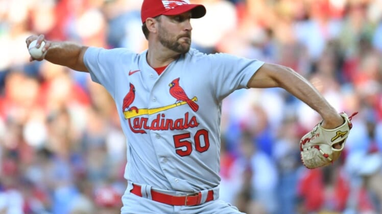 Jul 3, 2022; Philadelphia, Pennsylvania, USA; St. Louis Cardinals starting pitcher Adam Wainwright (50) throws a pitch against the Philadelphia Phillies during the second inning at Citizens Bank Park. Mandatory Credit: Eric Hartline-USA TODAY Sports