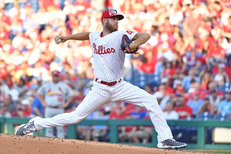 Jul 3, 2022; Philadelphia, Pennsylvania, USA; Philadelphia Phillies starting pitcher Zack Wheeler (45) throws a pitch during the second inning against the St. Louis Cardinals at Citizens Bank Park. Mandatory Credit: Eric Hartline-USA TODAY Sports