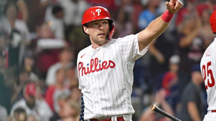Jul 3, 2022; Philadelphia, Pennsylvania, USA;  Philadelphia Phillies first baseman Rhys Hoskins (17) celebrates after he scored a run against the St. Louis Cardinals during the sixth inning at Citizens Bank Park. Mandatory Credit: Eric Hartline-USA TODAY Sports