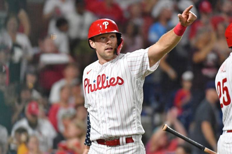 Jul 3, 2022; Philadelphia, Pennsylvania, USA;  Philadelphia Phillies first baseman Rhys Hoskins (17) celebrates after he scored a run against the St. Louis Cardinals during the sixth inning at Citizens Bank Park. Mandatory Credit: Eric Hartline-USA TODAY Sports