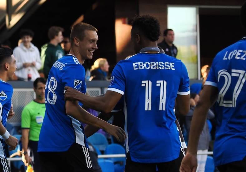 Jul 3, 2022; San Jose, California, USA; San Jose Earthquakes forward Benji Kikanovic (28) celebrates with forward Jeremy Ebobisse (11) after scoring a goal against the Chicago Fire during the second half at PayPal Park. Mandatory Credit: Kelley L Cox-USA TODAY Sports