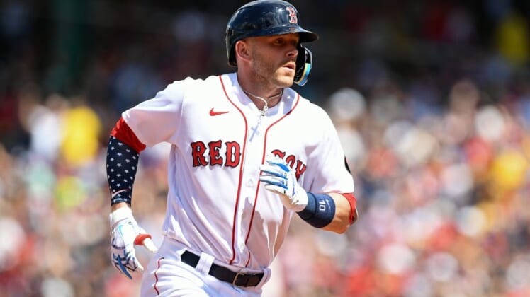 Jul 4, 2022; Boston, Massachusetts, USA; Boston Red Sox second baseman Trevor Story (10) runs the bases after hitting a solo home run against the Tampa Bay Rays during the fourth inning at Fenway Park. Mandatory Credit: Brian Fluharty-USA TODAY Sports