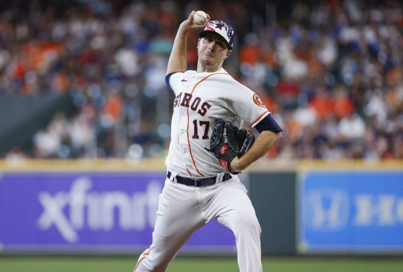 Jul 4, 2022; Houston, Texas, USA; Houston Astros starting pitcher Jake Odorizzi (17) delivers a pitch during the second inning against the Kansas City Royals at Minute Maid Park. Mandatory Credit: Troy Taormina-USA TODAY Sports