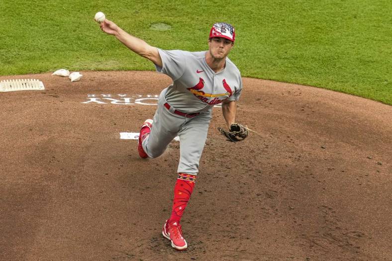Jul 4, 2022; Cumberland, Georgia, USA; St. Louis Cardinals starting pitcher Dakota Hudson (43) pitches against the Atlanta Braves during the first inning at Truist Park. Mandatory Credit: Dale Zanine-USA TODAY Sports