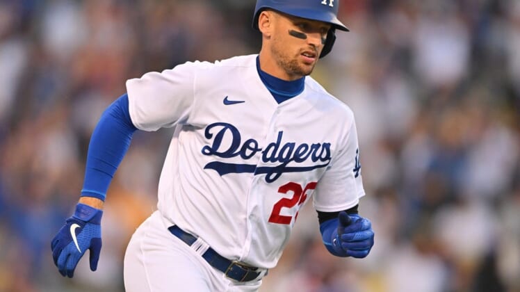 Jul 4, 2022; Los Angeles, California, USA; Los Angeles Dodgers right fielder Trayce Thompson (25) rounds the bases on a three-run home run in the fifth inning against the Colorado Rockies at Dodger Stadium. Mandatory Credit: Jayne Kamin-Oncea-USA TODAY Sports