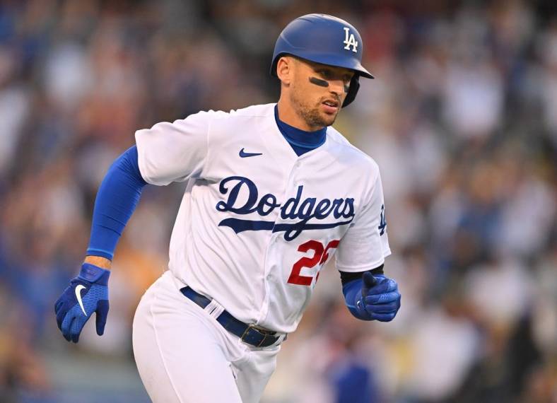 Jul 4, 2022; Los Angeles, California, USA; Los Angeles Dodgers right fielder Trayce Thompson (25) rounds the bases on a three-run home run in the fifth inning against the Colorado Rockies at Dodger Stadium. Mandatory Credit: Jayne Kamin-Oncea-USA TODAY Sports