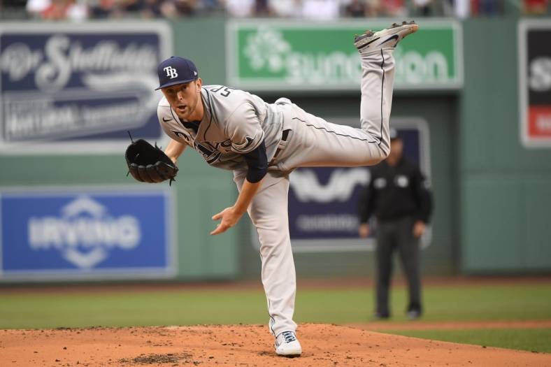 Jul 5, 2022; Boston, Massachusetts, USA;  Tampa Bay Rays starting pitcher Jeffrey Springs (59) pitches during the first inning against the Boston Red Sox at Fenway Park. Mandatory Credit: Bob DeChiara-USA TODAY Sports