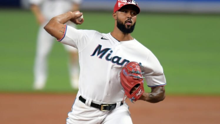 Jul 5, 2022; Miami, Florida, USA; Miami Marlins starting pitcher Sandy Alcantara (22) delivers in the third inning against the Los Angeles Angels at loanDepot Park. Mandatory Credit: Jim Rassol-USA TODAY Sports